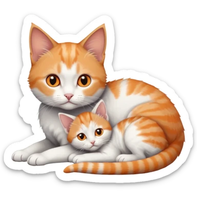 full body of very small + skinny ginger and white kitten with deep orange eyes and triangular shaped face lying down cuddling a grey and white kitten who is a bit bigger than him sticker