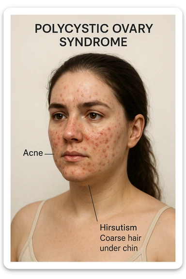 realistic 3D medical style image of a woman with PCOS, acne on face and hair under chin, clinical details, neutral background, aspect ratio 2:3 sticker