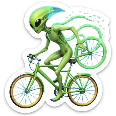 energy alien riding a bicycle, glowing light body, floating energy trails, non-physical alien form interacting with bike, fantasy sci-fi vibe, 3D cartoon, mobile game icon style, clean background, no text, no watermark
 sticker