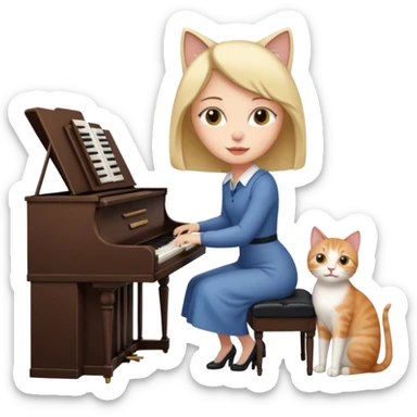 woman playing piano while her cat sits on top of the piano sticker