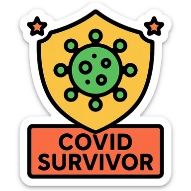 colorful badge icon with a shield and virus symbol, text 'COVID Survivor', celebratory style sticker