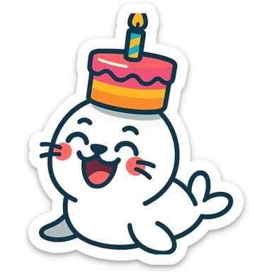 cutie baby seal balancing cake on head with laughing face in vibrant-toon style sticker