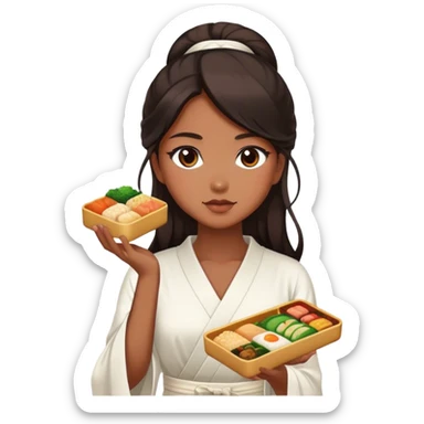 Beautiful woman in 1950’s woman fashion look, white dress, long dark brown hair, Japanese bento sticker