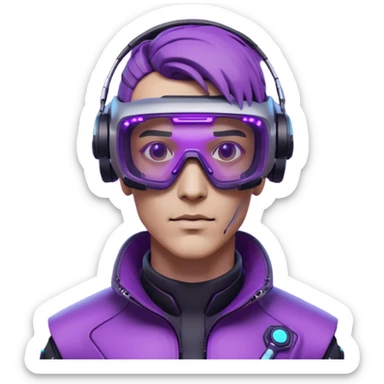 Cyberpunk man head 3d puruple cyber VR -glasses half rotate face 3d sticker