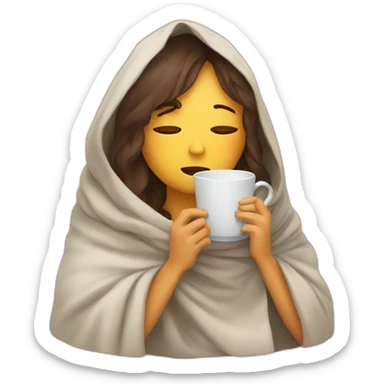 sad and tired woman sitting under blanket with hot tea sticker