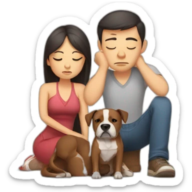 Sad Man with Chinese wife and brown Staffordshire terrier dog sticker