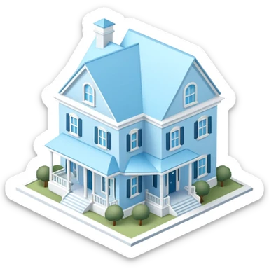 Light blue sorority house mansion, southern, isometric dollhouse-style, realistic sticker