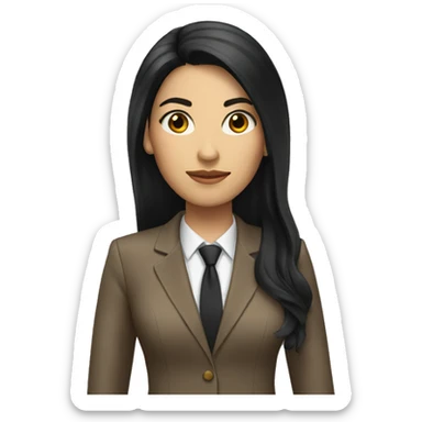 Female defense attorney with long black hair with brown suit sticker