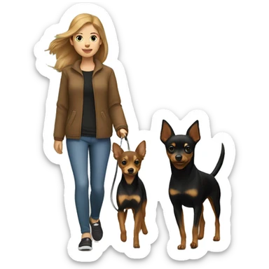 A light brown haired girl, walking one black and tan miniature Pinscher and one big light brown Spitz on the lead sticker
