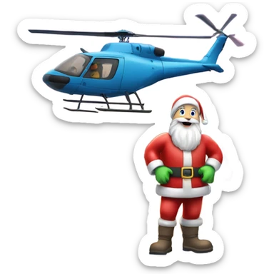 Santa Claus delivering present with helicopter on snowy roof sticker