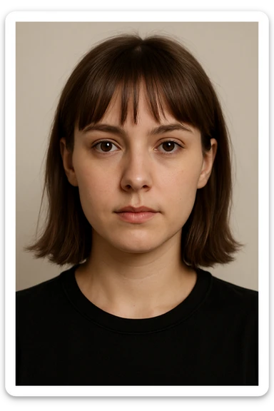 portrait of a person with brown hair and bangs, brown eyes, wearing a black shirt, neutral background, clean and clear facial features sticker