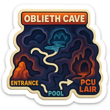 a hand drawn map of how to navigate the Oblieth cave system to find the PCU Lair sticker