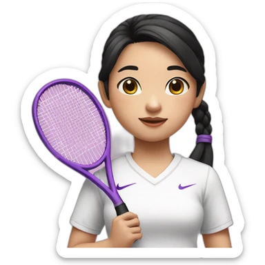 a little chinese girl wearing a white nike shirt with two pig tails black hair style holding a purple tennis racket to her chest sticker