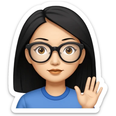 50 yr old asian woman, straight thick long black hair, big black, side part, big glasses sticker