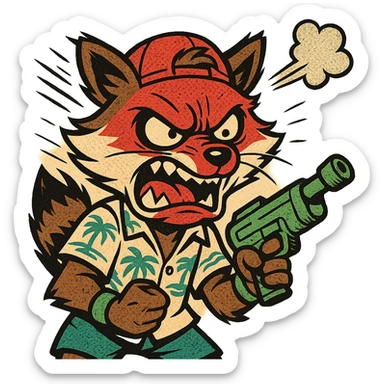 Rocket Raccoon Marvel Rivals summer skin, comic book style, angry with red head, small smoke on ear, no background, based on attached reference sticker