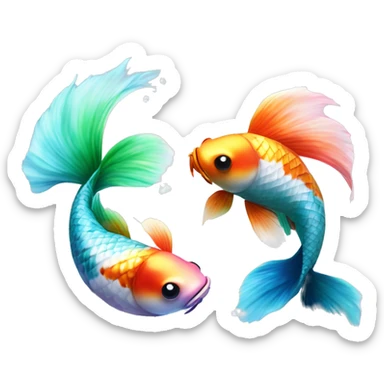  Two realistic koi fish, one green & blue, the other pink & white, swimming in a circle into each other, ying yang, Pisces fish, cloudy, water, dreamy, bubbles, iridescent sticker
