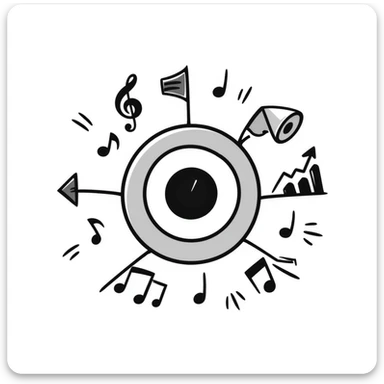 symmetrical target with musical marketing elements such as musical notes, speakers, growth charts, doodle style, square emoji format, suitable for online course cover sticker