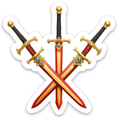Two crossed swords that are golden in blade and handle and have fiery and royal appearence to them as well as red gem stones yellow in color sticker