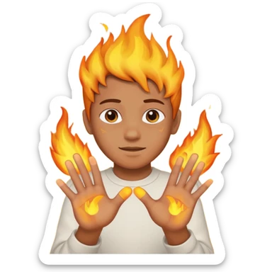 A boy with his entire hands made out of fire sticker