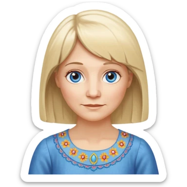 50 yr old white woman, hippie parted hair, short bangs, very long straight blond hair, oval face, small smile, blue eyes, thin face, hair downback, hair parted at center of head, round cheeks, pale, longer hair, white dress sticker