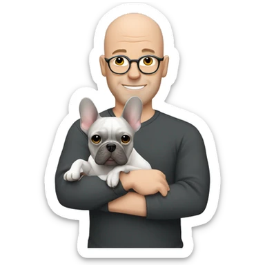Bald man holding dark grey french bulldog  sticker