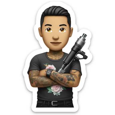 Asian Tattoo Artist with tattoo gun sticker