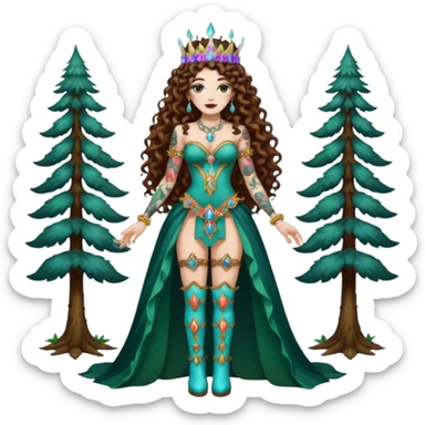 full body view of a woman with long curly brown hair, brown eyes, white skin, tattoos, wearing a crystal crown and thigh-high boots, psychedelic forest empress pose sticker