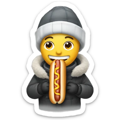 smiling guy in winter gear but eating a hotdog sticker