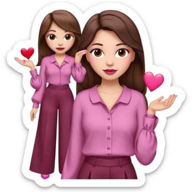  emoji, inspired with brunette hair, brown eyes, long hair, heart shape lips and pink make up  and pink nails, mauve pink blush and brown wide leg pants, burgundy shoulder drop shirt, brown heels , princess hair, brown heels  sticker