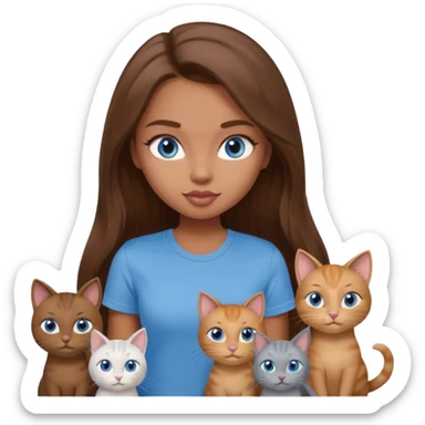 a pretty bratz dusky girl with long brown hair, blue eyes with six cats nd wearing a grey tshirt sticker