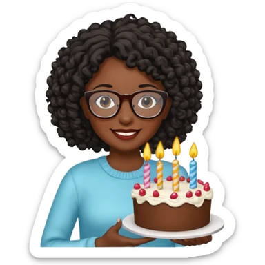 A Black woman with curly black hair and glasses holding a birthday cake. Can you make it a more basic emoji? sticker