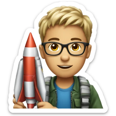boy in glasses indoors with a rocket launcher sticker