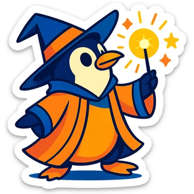 vibrant style penguin wizard casting a spell with a glowing wand and robe sticker