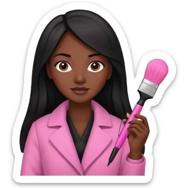 Cosmetologist, dark skin, long black hair, with cosmetology brush, and pink coat sticker