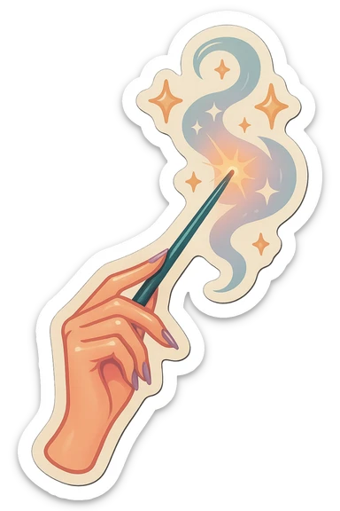 Elegant female hand with almond-shaped nails holding a magic wand, stars and light smoke flying out of the wand, retro stickers style, thin clean contours, soft rounded shapes, pastel palette #98B5BC, #B5B3C1, #C9A3C9, #E4C0CA, #F7DCD1, #F7C0AA, detailed shadows and highlights, soft lighting, transparent background, no decorative elements sticker
