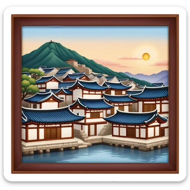 Cinematic Realistic Bukchon Hanok Village Landmark Emoji, depicted with traditional Korean houses set against a scenic backdrop rendered with detailed textures and warm, inviting lighting. sticker