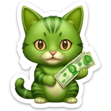 Green cat, all green body, has money sticker