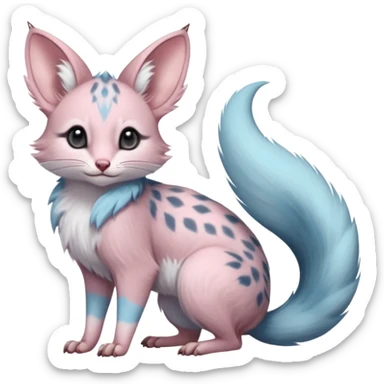Pastel Pink, pastel-blue-pointed, soft natural realistic romantic vintage antique divine beautiful elegant pretty precious cute young youthful  Fakémon-Pokémon-opossum-feline-mouse-serval-caracal-chinchilla-Minccino-Cinccino-Meowstic-rodent-hybrid-creature with a big fluffy bushy tail (full body) sticker