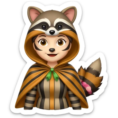 forest emoji woman dressed as raccoon trickster, striped tail cape, playful grin sticker