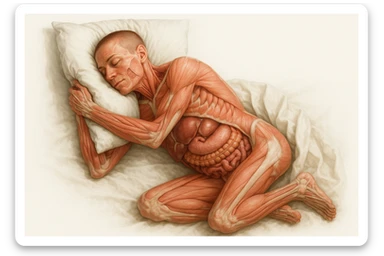 corpo umano anatomico con capelli corti che dorme sereno abbracciato al cuscino, muscoli e organi in evidenza, sta nel letto con l'espressione rilassata, visto dall'alto, iperrealistica 4k, isolato su sfondo bianco sticker