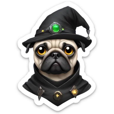 cyberpunk pug wearing a black wizard's hat sticker