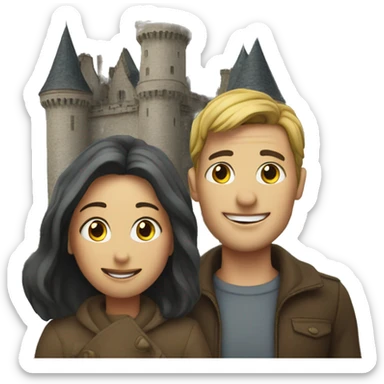 couple under cloudy sky behind a castle  sticker