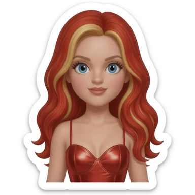 Baby Spice from Spice Girls with blue eyes, long red hair with blonde highlights, red metallic sweetheart dress sticker