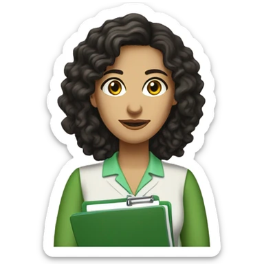female psychologist, brunette, black eyes, long black curly hair. Holding a medical record clipboard, wearing a green knitted blouse, brown pantaloons, green sandals, brown and green Peruvian earrings sticker
