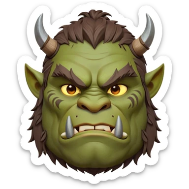 Cinematic Noble Ogre Portrait Emoji, Majestic and imposing, with a rugged, muscular form in deep earthy greens and browns, adorned with battle scars and subtle tribal markings, exuding calm, noble strength and unexpected wisdom, simplified yet strikingly detailed, glowing with a shadowy outline that captures the essence of a gentle giant with fierce heart! sticker