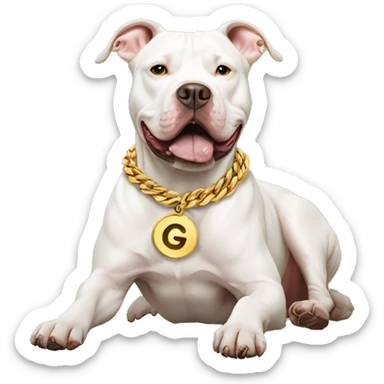 A dog pitbull and wearing big gold chain on that says G pendant  sticker