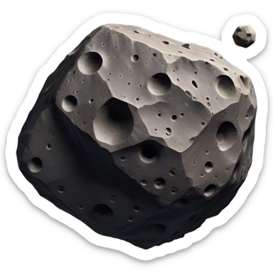  Cinematic Realistic Asteroid – A massive, irregularly shaped rock floating through the void, its cratered and pitted surface showing signs of ancient impacts. The harsh light from a nearby star reveals detailed textures and rugged, jagged edges. sticker