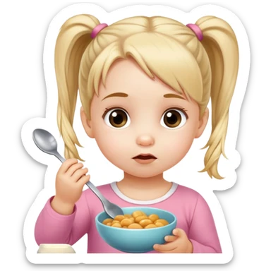 A toddler girl, with 2 pony tails who does not want to eat from the spoon that mom gives to her sticker