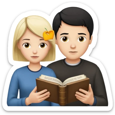 Crie uma figurinha pra stories de uma biblia aberta e um casal lendo (homem loiro e mulher branca cabelos pretos baixinha) sticker