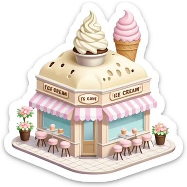 isometric exterior little beige and white ice cream parlour with abundant pastel florals everywhere sticker
